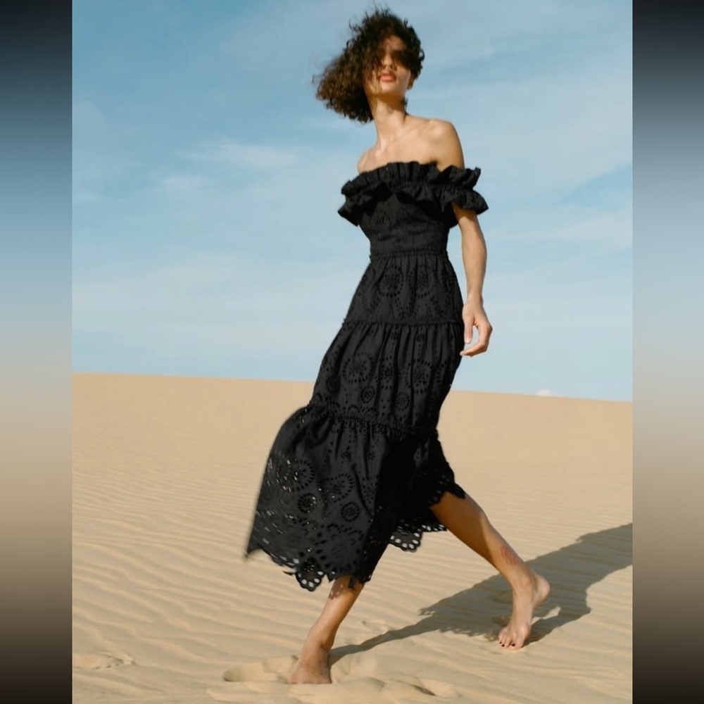 Zara Black Ruffled Off-Shoulder Maxi Dress